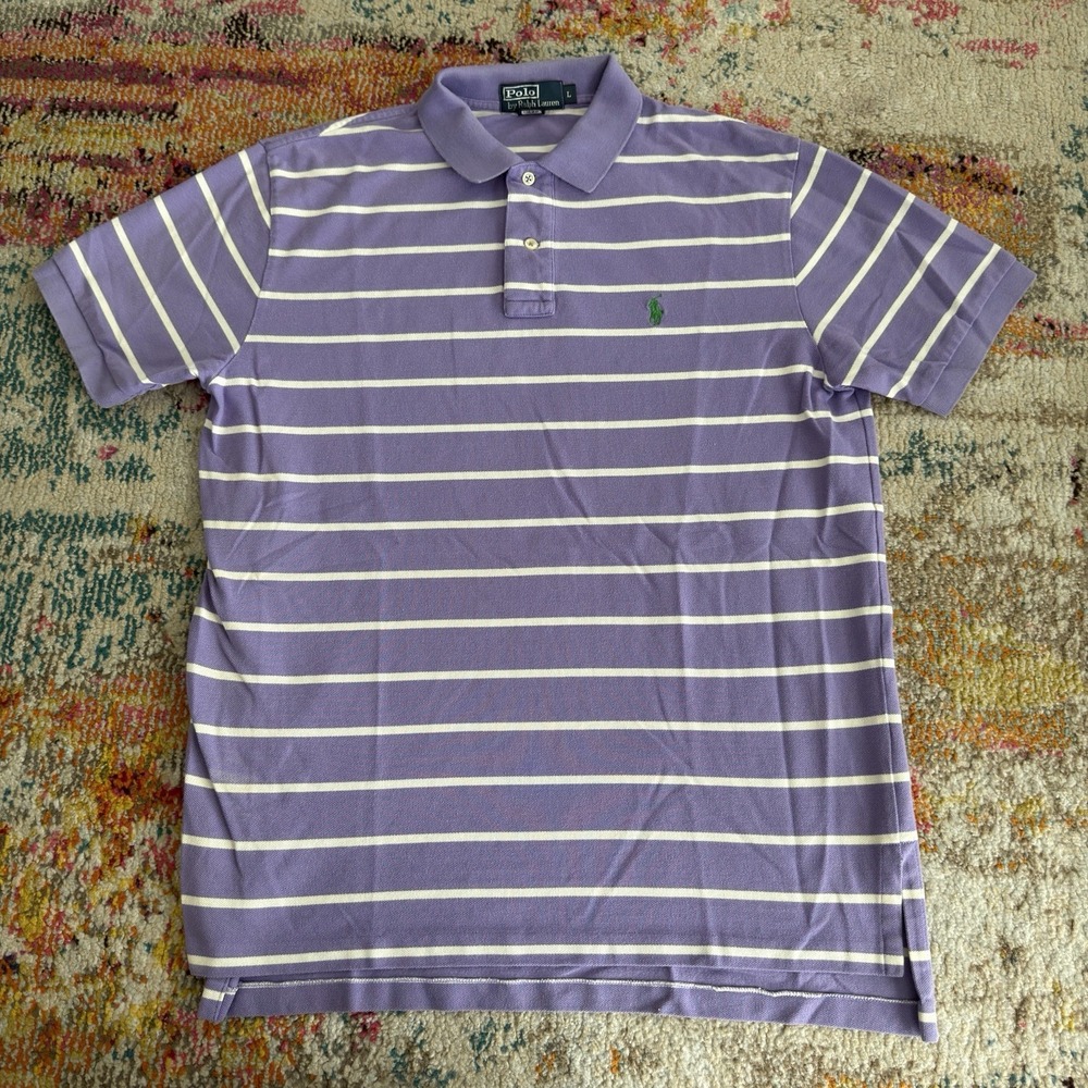 Vintage Y2K Polo Ralph Lauren Striped Polo Shirt Large Purple White Green Pony